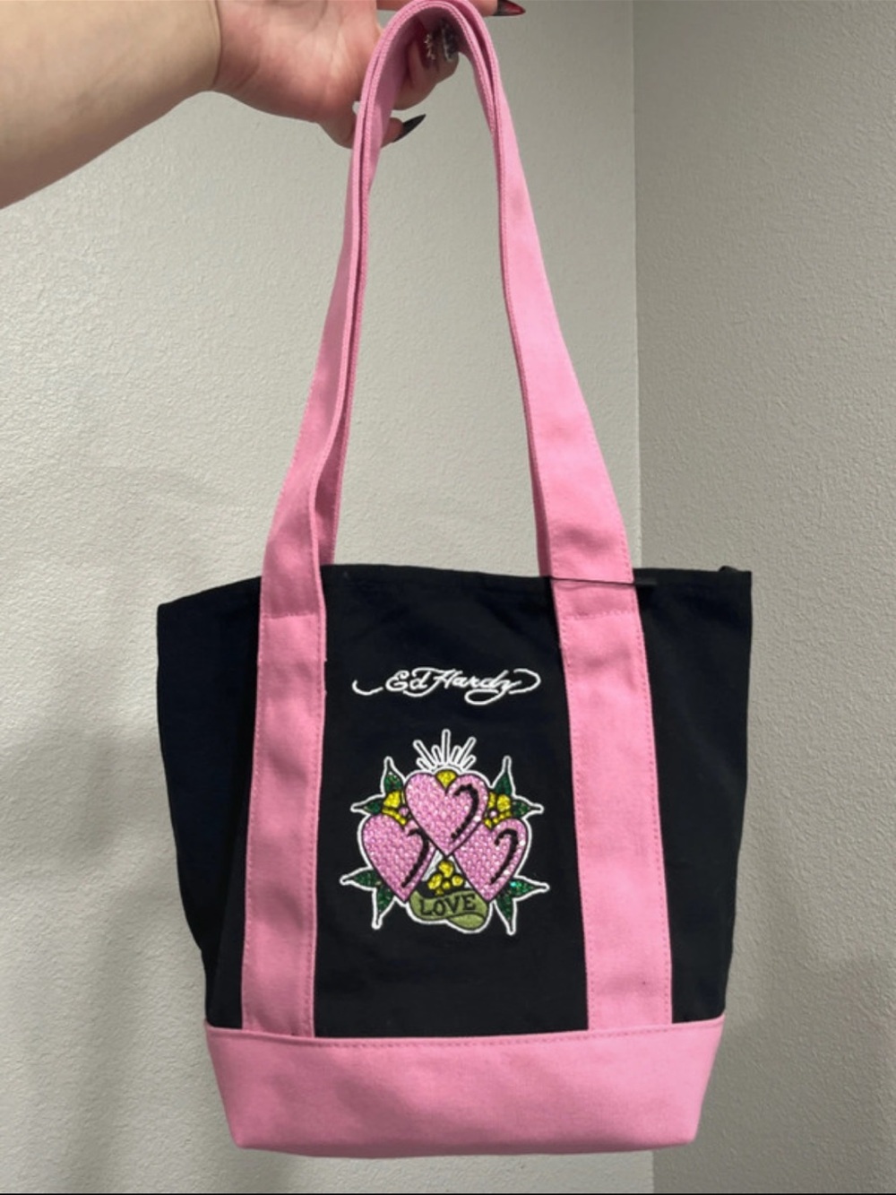 Ed Hardy Black and Pink Canvas Tote with Embroidered Heart Motif